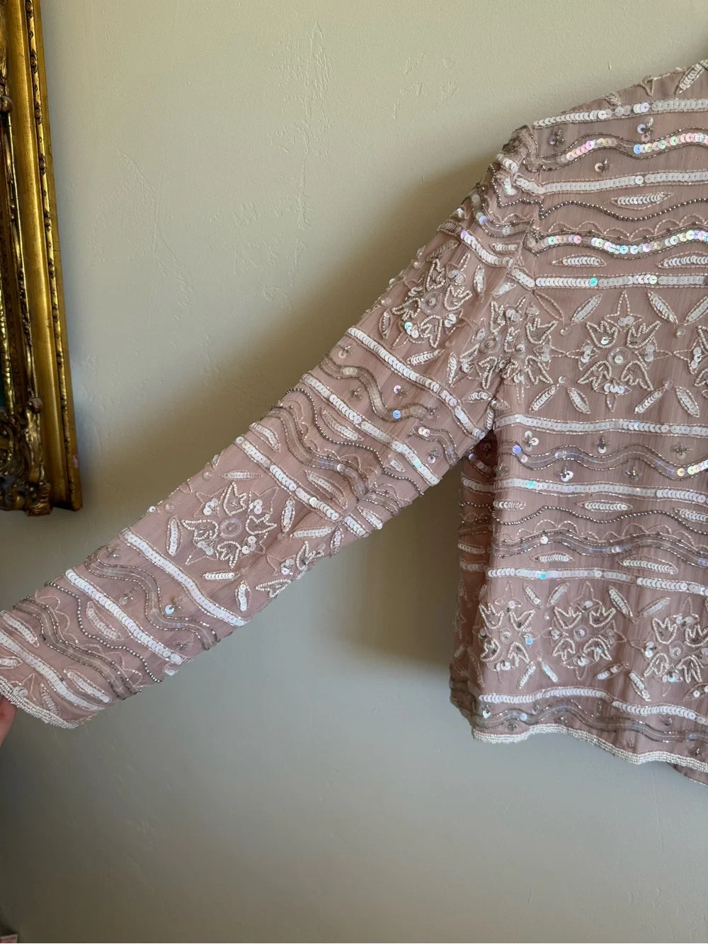 Papell Boutique Evening Beaded Sequin Blush Silk Jacket Size 10 Vintage